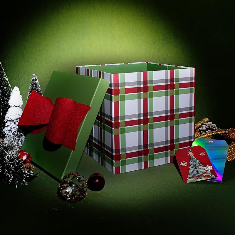 LaRibbons Large Christmas Gift Boxes with Lids,10x10x10 Inches Plaid Design Folding Square Gift Boxes for Christmas Decorative,Xmas,Present,Storage,Red and Green - Image 2